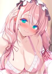  1girl absurdres aqua_eyes azur_lane bare_shoulders blue_eyes blush bra breasts cleavage closed_mouth collarbone ear_blush frilled_headwear highres lace lace-trimmed_bra lace_trim large_breasts lingerie long_hair looking_at_viewer low_twintails navel origami_aya pink_bra pink_hair reaching reaching_towards_viewer selfie signature smile solo spread_legs theseus_(azur_lane) twintails underwear upper_body 