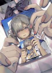 1girl absurdres aegyo_sal blue_eyes blue_sailor_collar blush bow bowtie braid braided_bangs building closed_mouth collared_shirt commentary dutch_angle expressionless grey_hair hair_over_one_eye hand_focus highres holding holding_photo lips looking_at_viewer medium_hair mikasamu original photo_(object) pink_nails purple_bow purple_bowtie recursion sailor_collar shirt short_sleeves straight-on striped_bow striped_bowtie striped_clothes twintails upper_body white_shirt