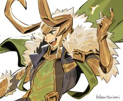  1boy artist_name cape fake_horns fur-trimmed_cape fur_trim green_cape green_jacket highres hikari_toriumi horned_headwear horns jacket loki_(marvel) looking_to_the_side male_focus marvel open_mouth simple_background snapping_fingers solo three_quarter_view upper_body white_background 