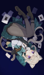  1girl animal_ear_fluff animal_ears black_background black_gloves black_leotard boots bow breasts brown_bow brown_footwear brown_pantyhose card cat_ears cat_girl cat_tail closed_mouth expressionless facial_mark full_body genshin_impact gloves green_bow hair_bow hand_up hat highres holding holding_card knee_boots leotard light_brown_hair long_hair long_sleeves looking_at_viewer lynette_(genshin_impact) minahoshi37 multicolored_hair pantyhose playing_card purple_eyes simple_background solo star_(symbol) star_facial_mark streaked_hair tail top_hat twitter_username two-tone_gloves upside-down white_gloves 
