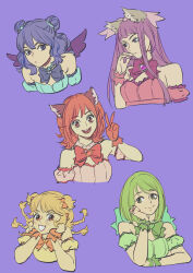  5girls absurdres aizawa_mint animal_ears blonde_hair blue_hair cat_ears cropped_torso fong_pudding fujiwara_zakuro gloves green_eyes green_hair hand_on_own_cheek hand_on_own_face hand_to_own_mouth hands_on_own_cheeks hands_on_own_face highres looking_at_viewer mew_lettuce mew_mint mew_pudding mew_zakuro midorikawa_lettuce momomiya_ichigo multiple_girls open_mouth orange_eyes purple_background purple_hair purple_wings red_eyes red_gloves red_hair smile suyohara tokyo_mew_mew_new v wings wolf_ears 