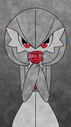  1girl bob_cut chromatic_aberration colored_skin covering_own_mouth cowboy_shot creatures_(company) english_text female_focus flat_chest flower game_freak gardevoir gen_3_pokemon gradient_background grey_background grey_theme greyscale hair_between_eyes hands_up highres holding holding_flower looking_at_viewer monochrome muguet multicolored_skin nintendo own_hands_together pokemon pokemon_(creature) red_eyes red_flower red_rose rose short_hair simple_background solo spot_color standing straight-on two-tone_skin  rating:General score:2 user:AngryZapdos