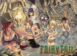  2boys 3girls abs animal backpack bag bandaid barefoot bikini bikini_top_only black_hair blonde_hair blue_hair braid branch breasts charle_(fairy_tail) cleavage clothes_lift copyright_name cowboy_hat crocodile crocodilian erza_scarlet fairy_tail fire forest front-tie_top gray_fullbuster hair_over_one_eye happy_(fairy_tail) hat highres hippopotamus jewelry jungle large_breasts long_hair lucy_heartfilia map mashima_hiro midriff monkey multiple_boys multiple_girls muscular natsu_dragneel nature navel necklace official_art one_eye_closed open_mouth red_hair scarf shirt_lift topless_male short_hair short_shorts shorts shoulder_bag spiked_hair swimsuit twin_braids underboob walking water wendy_marvell wince wristband  rating:Sensitive score:91 user:ghettoway