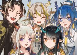  1boy 4girls :d ^_^ aqua_hair aqua_horns arknights bare_shoulders black_hair blonde_hair blue_eyes blue_hair blue_horns braid brother_and_sister brown_robe chinese_clothes chinese_commentary chong_yue_(arknights) closed_eyes closed_mouth commentary_request detached_collar dragon_boy dragon_girl dragon_horns dusk_(arknights) earrings ethel_(wuming165872) expressionless facing_viewer family grey_hair grey_horns group_picture hair_intakes hand_on_another&#039;s_shoulder high_collar highres horns jewelry ling_(arknights) long_hair looking_at_viewer multicolored_hair multiple_girls necklace necktie nian_(arknights) open_mouth orange_eyes pointy_ears purple_eyes red_hair red_horns robe shu_(arknights) siblings sidelocks sisters sketch smile split_mouth streaked_hair teeth upper_body upper_teeth_only yellow_horns yellow_necktie 
