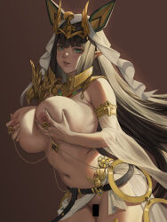  1girl animal_ears bar_censor black_hair blunt_bangs breasts brown_background censored circlet commentary dark-skinned_female dark_skin detached_sleeves egyptian_clothes english_commentary gold_choker grabbing_own_breast green_eyes highres huge_breasts jackal_ears jeneral last_origin leaning_forward long_hair looking_at_viewer mixed-language_commentary mole mole_on_breast navel nipple_chain nipple_piercing nipple_rings nipples paid_reward_available parted_lips piercing pointy_ears see-through see-through_sleeves sekhmet_of_death simple_background solo thighlet veil very_long_hair white_headdress  rating:Explicit score:20 user:danbooru