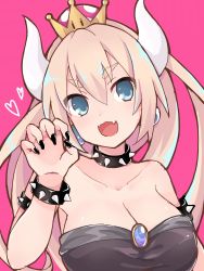  1girl :d armlet bare_shoulders black_dress blonde_hair blue_eyes bowsette bracelet breasts chest_jewel claw_pose cleavage collar collarbone commentary crown dress earrings fangs female_focus fingernails hair_between_eyes heart highres horns jewelry looking_at_viewer mario_(series) nail_polish new_super_mario_bros._u_deluxe nintendo open_mouth pink_background sawara_(starligtvision) simple_background smile solo spiked_armlet spiked_bracelet spiked_collar spikes strapless strapless_dress super_crown thick_eyebrows upper_body v-shaped_eyebrows  rating:Sensitive score:3 user:danbooru