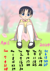  1girl 2024 20s absurdres april arm_support black_footwear black_hair blue_eyes blush calendar censored cherry_blossoms convenient_censoring grass grey_skirt highres kneehighs long_sleeves looking_at_viewer mary_janes panties petals pink_shirt sexless2012 shirt shoes short_hair sitting skirt sky smile socks sweater_vest tree underwear white_panties white_socks yellow_sweater_vest 
