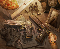  1girl alcohol ammunition antique_phone blonde_hair bullet capcom corded_phone devil_may_cry_(series) ebony_(devil_may_cry) et.m eva_(devil_may_cry) eva_(dmc) fingerless_gloves food glass gloves gun handgun handgun_cartridge ice ivory_(devil_may_cry) key keyring long_hair m1911 newspaper phone photo_(object) picture_frame pistol_cartridge pizza rotary_phone smile table weapon whiskey 