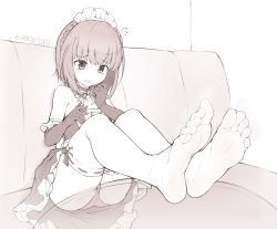  1girl absurdres aikawa_aika alice_gear_aegis alternate_costume aomoro bare_shoulders blush braid commentary couch crown_braid dated dress elbow_gloves english_commentary enmaided feet feet_on_table flying_sweatdrops foot_focus foreshortening frilled_dress frills gloves greyscale highres loli long_hair maid maid_headdress monochrome no_shoes on_couch open_mouth panties pantyshot ribbon-trimmed_legwear ribbon_trim signature sleeveless sleeveless_dress soles solo thighhighs toes underwear  rating:Questionable score:151 user:danbooru