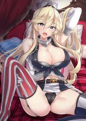 10s 1girl american_flag american_flag_legwear bed black_panties blonde_hair blush breasts cameltoe cleavage elbow_gloves flag_print garter_straps gloves headgear highres iowa_(kancolle) kantai_collection kazami_chiu large_breasts looking_at_viewer miniskirt open_mouth panties pillow skirt solo spread_legs star-shaped_pupils star_(symbol) striped symbol-shaped_pupils underwear vertical_stripes rating:Questionable score:43 user:danbooru