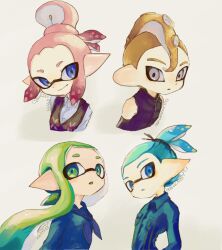  2boys 2girls blonde_hair blue_eyes blue_hair blue_kei closed_mouth commentary_request green_eyes green_hair grey_eyes inkling inkling_boy inkling_girl inkling_player_character long_hair medium_hair mohawk multiple_boys multiple_girls nintendo parted_lips pink_hair pointy_ears sailor_collar sailor_shirt shirt short_hair simple_background smile splatoon_(series) tentacle_hair topknot white_background 