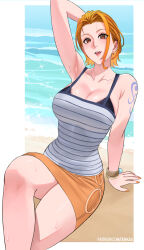  1girl arm_behind_head arm_support arm_up armpit_crease armpits bangle bare_shoulders beach black_bra border bra bracelet breasts brown_eyes camisole cleavage collarbone commentary crossed_legs earrings feet_out_of_frame highres jewelry knee_up large_breasts log_pose looking_at_viewer miniskirt nail_polish nami_(one_piece) ocean official_alternate_costume one_piece open_mouth orange_hair orange_nails orange_skirt outdoors outside_border paid_reward_available patreon_username sand short_hair shoulder_tattoo single_sidelock sitting skirt solo spaghetti_strap sparkle striped_camisole sweat sweatdrop tattoo tight_clothes underwear uukkaa water wet white_border 