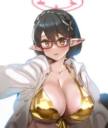  1girl alternate_breast_size alternate_costume ayane_(blue_archive) bikini black_hair blue_archive bow_(bhp) braid breasts brown_eyes chinese_commentary collarbone commentary_request glasses gold_bikini golden_week hair_ornament halo large_breasts long_sleeves looking_at_viewer open_clothes open_shirt pointy_ears red-framed_eyewear red_halo selfie shirt short_hair simple_background smile solo swimsuit upper_body white_background white_shirt 