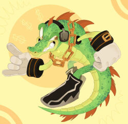  1boy artist_name black_footwear chain clenched_hand commentary crocodile crocodilian dollar_sign english_commentary full_body furry furry_male gloves goblin_hound headphones male_focus solo sonic_(series) sonic_heroes vector_the_crocodile watermark white_gloves yellow_background yellow_eyes 