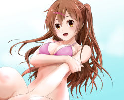  1girl bare_arms bare_shoulders bikini bikini_top_only blush breasts brown_eyes brown_hair chuunibyou_demo_koi_ga_shitai! cleavage collarbone commentary_request from_below hair_between_eyes hair_ornament hairclip highres large_breasts long_hair looking_at_viewer nibutani_shinka one_side_up pink_bikini saateen_(tsubame-project13) side_ponytail solo swimsuit 