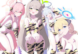  4girls :d :p ;) ahoge akari_(blue_archive) alternate_costume alternate_hairstyle animal_print armpits bare_shoulders bikini black_choker blonde_hair blue_archive blue_eyes blunt_bangs boots bow breasts brown_hair choker cleavage collarbone commentary_request demon_girl demon_horns fake_horns green_eyes grey_hair hair_between_eyes hair_bow hair_bun hair_ribbon hairband halo hanako_(blue_archive) head_tilt headgear highres horns horns_pose knee_boots large_breasts long_hair looking_at_viewer multiple_girls navel noa_(blue_archive) nonomi_(blue_archive) one_eye_closed oni_costume open_mouth pink_hair ribbon setsubun sidelocks simple_background single_side_bun smile spaghetti_strap squatting stomach strapless strapless_bikini swimsuit tiger_print tongue tongue_out tonomiya68 white_background 