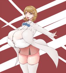  10s 1girl bra breasts brown_eyes brown_hair bursting_breasts gigantic_breasts hair_ornament highres looking_at_viewer narusawa_ryouka occultic;nine open_mouth psp(3dass) see-through short_hair skirt smile solo thighhighs underwear 