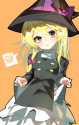  1boy black_hat black_jacket blonde_hair blush bow buttons closed_mouth commentary_request cookie_(touhou) cowboy_shot crossdressing curtsey genderswap genderswap_(ftm) hair_between_eyes hair_bow hat hat_bow highres jacket kirisame_marisa long_hair looking_at_viewer male_focus medium_bangs orange_background petticoat purple_bow rei_(cookie) simple_background solo spoken_squiggle squiggle tirano_tenchou touhou trap witch_hat 