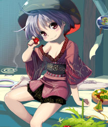  1girl blush blush_stickers bowl bowl_hat breasts cherry_tomato cleavage hat head_tilt highres japanese_clothes kimono looking_at_viewer mallet mini_person minigirl mosquito_coil needle obi off_shoulder pleated_skirt purple_eyes purple_hair red_eyes sash short_hair sitting skirt small_breasts smile solo sukuna_shinmyoumaru syope tomato touhou wind_chime  rating:Sensitive score:12 user:danbooru