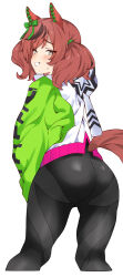 1girl absurdres alternate_costume animal_ears ass black_bodysuit blush bodysuit bow breasts brown_eyes clothing_cutout commentary_request cosplay ear_bow ear_covers from_behind green_bow grin highres horse_ears horse_girl horse_tail jacket looking_at_viewer looking_back multicolored_clothes multicolored_hair multicolored_jacket nice_nature_(umamusume) pirukusu red_hair simple_background smile solo streaked_hair tail tail_through_clothes twin_turbo_(umamusume) twin_turbo_(umamusume)_(cosplay) twintails umamusume undersuit visible_air white_background 