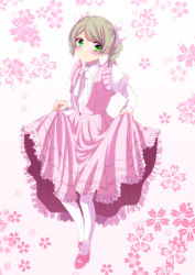 1girl blush dress elize_lutus flower frills green_eyes green_hair highres long_hair pantyhose pink_dress ribbon shoes smile tales_of_(series) tales_of_xillia twintails rating:Sensitive score:1 user:wereAR