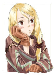  06erunium 1girl blonde_hair blush closed_mouth commentary_request dress final_fantasy final_fantasy_tactics geomancer_(fft) gloves long_hair simple_background solo twintails white_background 