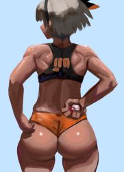  1girl adjusting_clothes adjusting_shorts arm_behind_back ass back bare_arms bare_shoulders bea_(pokemon) blue_background cowboy_shot creatures_(company) dark-skinned_female dark_skin facing_away from_behind game_freak gym_shorts hairband highres holding holding_poke_ball midriff nintendo poke_ball poke_ball_(basic) pokemon pokemon_swsh shorts simple_background skindentation solo sports_bra sportswear toned ytrall  rating:Questionable score:97 user:danbooru