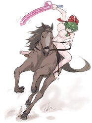 1girl blush bow breasts completely_nude dildo dildo_bat frogsnake front_ponytail green_eyes green_hair hair_bow horse horseback_riding huge_dildo kagiyama_hina large_breasts nude open_mouth red_bow riding sex_toy simple_background sketch smile solo touhou white_background rating:Explicit score:16 user:danbooru
