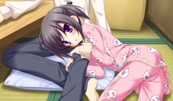  1boy 1girl :o animal_print barefoot black_hair black_pants blue_eyes blush box cat_print character_request collared_shirt frills game_cg head_out_of_frame hugging_own_legs indoors itou_mikoto koiiro_soramoyou legs long_sleeves lucie lying on_lap on_side pajamas pants parted_lips pillow shirt short_hair sleeves_rolled_up solo_focus table 