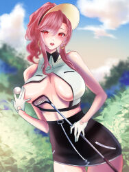  1girl azur_lane ball bare_shoulders black_hat black_skirt blue_sky breasts brown_hair cleavage clemenceau_(azur_lane) clemenceau_(splendid_breeze)_(azur_lane) cloud collared_shirt commentary_request cowboy_shot crescent crescent_earrings crop_top day earrings gloves golf_ball golf_club grabbing_own_breast hair_between_eyes hat high-waist_skirt highres holding holding_golf_ball holding_golf_club jewelry large_breasts long_hair looking_at_viewer midriff musan_(muusan_lv1) official_alternate_costume open_mouth outdoors partial_commentary pencil_skirt ponytail red_eyes shirt sidelocks signature skirt sky sleeveless sleeveless_shirt solo standing teeth tongue tongue_out upper_teeth_only visor_cap white_gloves white_shirt 