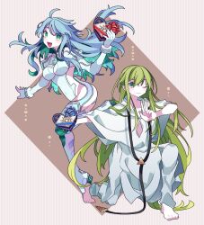  1girl 1other absurdres androgynous arabian_clothes aztec blue_hair breasts colored_inner_hair cropped_jacket crystal_hair enkidu_(fate) fate/grand_order fate_(series) gimp_suit gloves green_eyes green_hair hair_between_eyes highres jacket juliet_sleeves kujiramaru kukulkan_(fate) kukulkan_(second_ascension)_(fate) large_breasts leotard light_blue_hair lion long_hair long_sleeves looking_at_viewer multicolored_hair open_mouth puffy_sleeves robe shrug_(clothing) sideless_outfit sidelocks smile thighs toga very_long_hair white_jacket white_leotard white_robe wolf 
