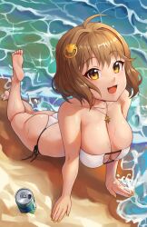  1girl :d ahoge ajidot anis_(nikke) anis_(sparkling_summer)_(nikke) arm_support ass bare_shoulders beach bikini breasts cleavage collarbone eyepatch_bikini eyewear_on_head from_above goddess_of_victory:_nikke jewelry large_breasts light_brown_hair looking_at_viewer lying necklace ocean official_alternate_costume on_stomach open_mouth outdoors pink-tinted_eyewear sand short_hair side-tie_bikini_bottom smile solo string_bikini sunglasses swimsuit tinted_eyewear water white_bikini yellow_eyes 