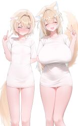  2girls ^_^ alternate_breast_size alternate_costume animal_ears arm_behind_back bare_legs blonde_hair blue_hair blush breast_envy breasts closed_eyes dog_ears dog_girl dog_tail facing_viewer feet_out_of_frame flat_chest fuwawa_abyssgard highres hololive hololive_english huge_breasts image_sample looking_at_another looking_at_breasts meme mococo_abyssgard multicolored_hair multiple_girls no_pants pajamas_challenge_(meme) pink_hair pixiv_sample prab shirt siblings simple_background sisters smile streaked_hair tail thigh_gap twins v virtual_youtuber white_background white_shirt  rating:Sensitive score:86 user:danbooru