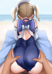 1boy 1girl absurdres ass ass_grab back bar_censor barbara_(genshin_impact) barbara_(summertime_sparkle)_(genshin_impact) beach blonde_hair blue_sky blue_one-piece_swimsuit censored clothed_female_nude_male clothed_sex clothing_aside doggystyle genshin_impact hat hetero highres long_hair nude official_alternate_costume one-piece_swimsuit penis pov pussy sailor_collar sex sex_from_behind skai_kun sky swimsuit swimsuit_aside tagme twintails vaginal rating:Explicit score:205 user:danbooru