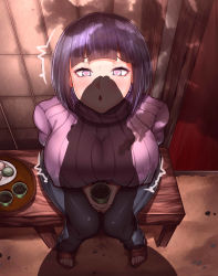 1girl absurdres breasts byakugan cup denim eyeliner green_tea heart heart-shaped_pupils highres hyuuga_hinata jeans lactation lactation_through_clothes large_breasts makeup mature_female naruto naruto_(series) pants penis_awe penis_shadow penis_silhouette purple_eyes restart sandals short_hair smile solo surprised symbol-shaped_pupils tea tray white_eyes yunomi  rating:Questionable score:227 user:animeboy12
