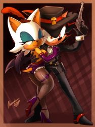 animal blue_eyes couple garter_belt gun hat pimp red_eyes rouge_the_bat shadow_the_hedgehog sonic_(series) thighhighs weapon cowboy_western rating:Questionable score:2 user:dzv