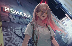 +_+ 1girl alley backpack bad_id bad_pixiv_id bag chainsaw_man cross-shaped_pupils glowing glowing_eyes graffiti hair_between_eyes hatsuno_xxx highres horns long_hair looking_at_viewer night night_sky open_mouth outdoors pink_hair power_(chainsaw_man) red_eyes red_horns sharp_teeth shirt short_sleeves sky solo star_(sky) starry_sky symbol-shaped_pupils teeth upper_body white_shirt rating:General score:19 user:danbooru