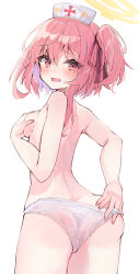 1girl absurdres ass blue_archive blush breasts covering_privates covering_one_breast from_behind halo hand_on_own_ass hat highres looking_at_viewer looking_back medium_breasts nurse nurse_cap open_mouth panties pink_eyes pink_hair ribbon serina_(blue_archive) short_hair side_ponytail sideboob solo sonoji thighs topless underwear underwear_only white_panties rating:Questionable score:32 user:danbooru