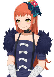  1girl bandaged_arm bandages black_choker black_dress choker closed_mouth dress facial_mark fire_emblem fire_emblem_engage flower hair_flower hair_ornament highres long_hair looking_at_viewer nintendo orange_hair panette_(fire_emblem) patty_ojisan smile solo stitched_mouth stitches upper_body yellow_eyes 
