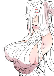 10s 1girl absurdres armpits arms_behind_head arms_up blush breasts covered_erect_nipples female_focus highres kantai_collection kayumidome large_breasts long_hair ribbed_sweater seaport_princess simple_background solo sweater upper_body rating:Questionable score:66 user:danbooru
