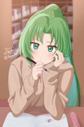  1girl blurry blurry_background blush brown_sweater commentary elbows_on_table frown green_eyes green_hair hand_on_own_cheek hand_on_own_face hands_up highres higurashi_no_naku_koro_ni holding holding_pen indoors library long_hair looking_at_viewer parted_bangs pen ponytail signature sleeves_past_wrists solo sonozaki_mion straight_hair sweater taiga_sb tsurime twitter_username upper_body v-shaped_eyebrows very_long_hair 