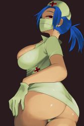 1girl ass from_side gloves hand_on_own_hip hat highres kanyaaa027 latex latex_gloves looking_at_viewer looking_back looking_down mask mouth_mask nurse nurse_cap red_eyes skullgirls solo surgical_mask valentine_(skullgirls) rating:Sensitive score:27 user:HomeStruck