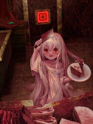  1girl :d arm_up bare_shoulders blood blood_on_face blush cake cake_slice chinese_commentary cleaver clothing_request commentary_request dot_nose dress food highres holding holding_cleaver holding_knife holding_plate horror_(theme) knife loli long_hair looking_at_viewer meat meat_cake multicolored_hair open_mouth original plate red_eyes red_hair red_theme ringed_eyes sidelocks sitting smile solo streaked_hair table teeth tile_floor tiles upper_teeth_only wariza white_dress white_hair wooden_table wu_yu_bobosha 
