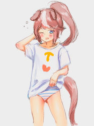  absurdres animal_ears bad_id bad_pixiv_id blue_eyes blue_panties brown_hair cameltoe chi_(luckyeric320) cleft_of_venus clothes_lift grey_background highres horse_ears horse_tail lifting_own_clothes multicolored_hair no_pants one_eye_closed panties ponytail shirt shirt_lift simple_background streaked_hair striped_clothes striped_panties t-shirt tail tokai_teio_(umamusume) umamusume underwear white_panties white_shirt  rating:Questionable score:12 user:destine97