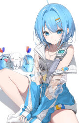 1girl ahoge blue_eyes blue_hair blush blush_stickers breasts butterfly_sitting cinnamoroll cleavage closed_mouth commentary creature dduck_kong dog hair_ornament hairclip highres jacket jewelry long_sleeves looking_at_viewer magnet multicolored_hair necklace off_shoulder original partially_unzipped puffy_long_sleeves puffy_sleeves sanrio see-through see-through_jacket shadow short_hair sitting sleeves_past_wrists socks solo streaked_hair symbol-only_commentary white_dog white_hair white_socks 