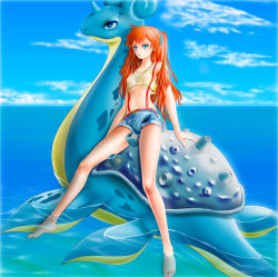  1girl bare_shoulders barefoot belt blue_eyes breasts cloud creatures_(company) crop_top denim denim_shorts feet game_freak gen_1_pokemon highres horizon lapras long_hair looking_away midriff miharin misty_(pokemon) nintendo no_bra ocean one_side_up orange_hair outdoors pokemon pokemon_(creature) red_belt see-through shirt short_shorts shorts sitting_on_animal sitting_on_creature skinny sky small_breasts soaking_feet suspenders tank_top third-party_edit toes water yellow_shirt  rating:Questionable score:52 user:Weed
