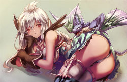 10s 1girl arm_support armor ass bare_shoulders black_gloves boots closed_mouth creature dark-skinned_female dark_skin dragon eredhen eyelashes gloves granblue_fantasy hair_between_eyes hand_on_own_arm hand_on_own_cheek hand_on_own_face light_smile long_hair looking_at_viewer looking_to_the_side lying on_side panties pantyshot red_eyes simple_background skin_tight thigh_boots thighhighs underwear white_hair white_thighhighs zooey_(granblue_fantasy) rating:Questionable score:13 user:danbooru