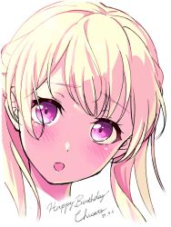  1girl absurdres bang_dream! blonde_hair blush commentary dated half_updo happy_birthday highres long_hair looking_at_viewer nobusawa_osamu open_mouth portrait purple_eyes shirasagi_chisato simple_background solo white_background 