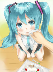  1girl bad_id bad_pixiv_id barefoot blue_eyes blue_hair blush food food_on_face fork from_above hair_ornament hatsune_miku heirou holding la-na long_hair necktie pov shirt sitting skirt sleeveless sleeveless_shirt solo_focus twintails very_long_hair vocaloid wariza wiping  rating:Sensitive score:22 user:danbooru