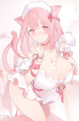  1girl animal_ears bare_shoulders breasts cat_ears cat_girl cat_tail choker cleavage collarbone commentary_request cream_on_body cream_on_breasts dress fujiyama highres holding kneeling large_breasts long_hair looking_at_viewer maid_headdress original pink_choker pink_eyes pink_hair pink_ribbon ribbon solo tail thighs white_dress 